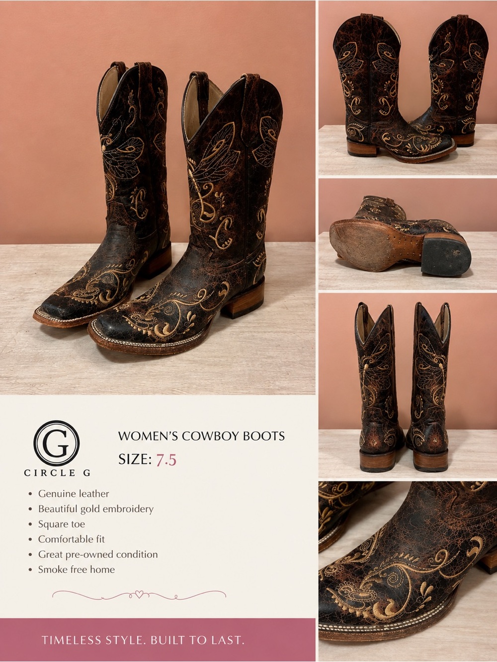 Circle G Women's Brown Leather Cowboy Heeled Boots with Gold Embroidery